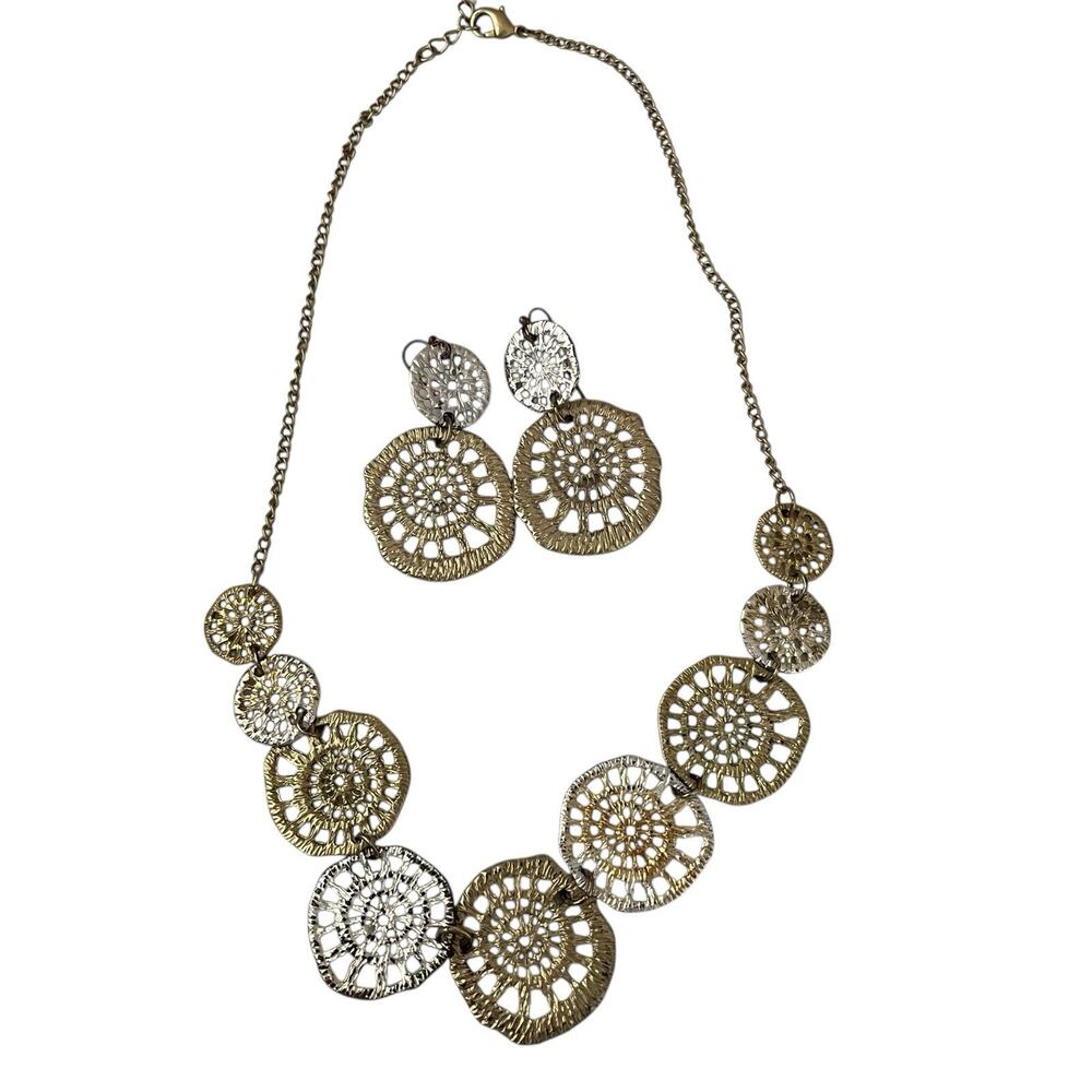 Necklace & Drop Earring Set Gold & Silver Tone Lattice Graduated Discs Boho
